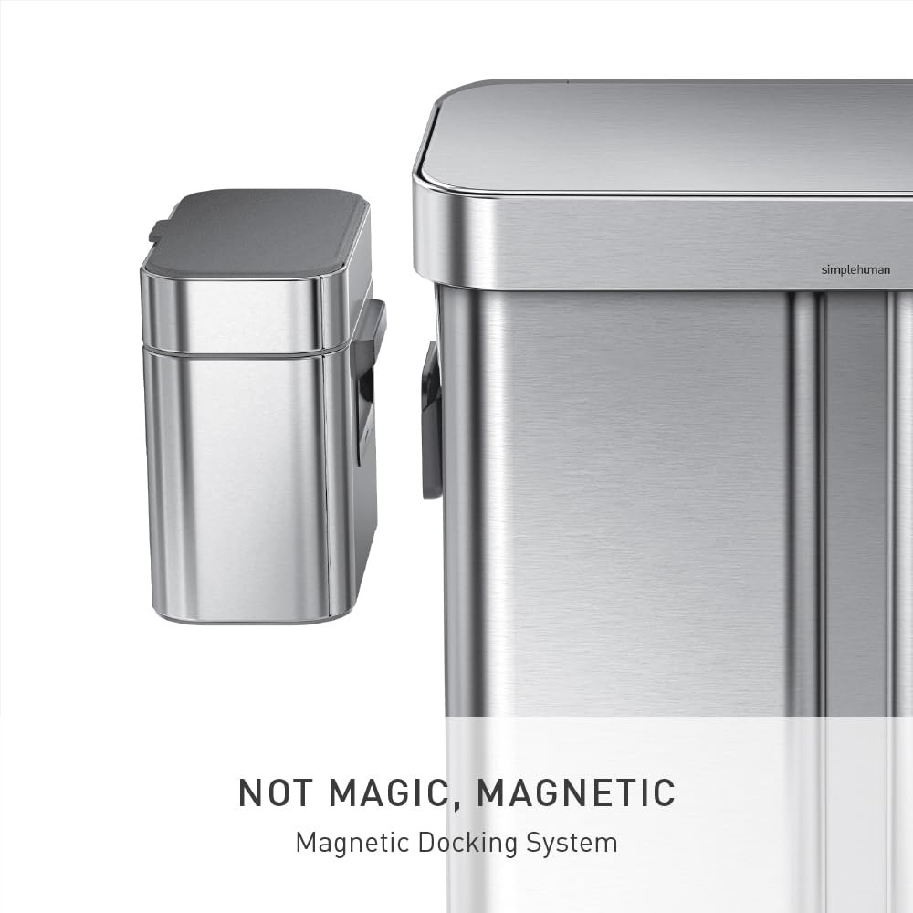 simplehuman magnetic dock attached to trash can demonstrates space-saving, tidy storage
