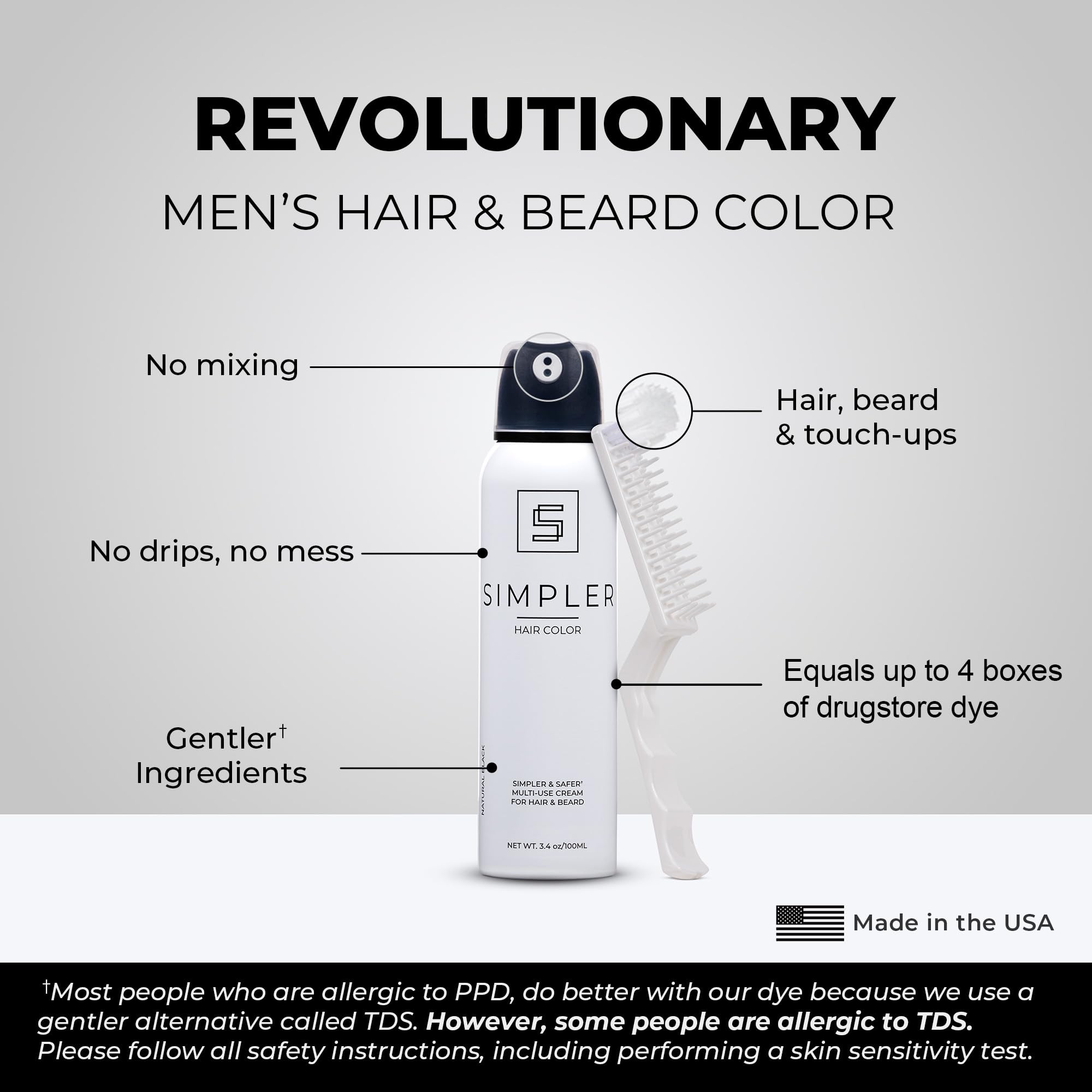 SIMPLER HAIR COLOR can beside a hand to show compact size and travel convenience