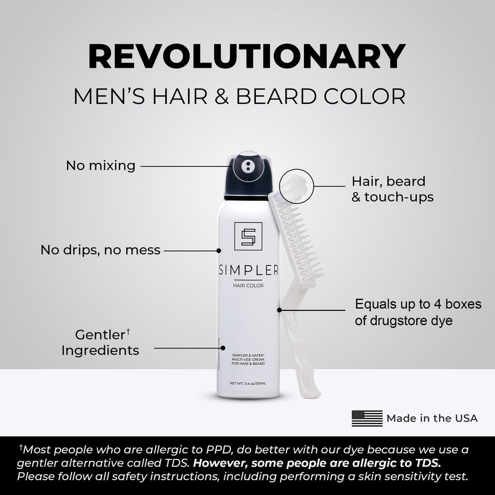 SIMPLER HAIR COLOR can beside a hand to show compact size and travel convenience