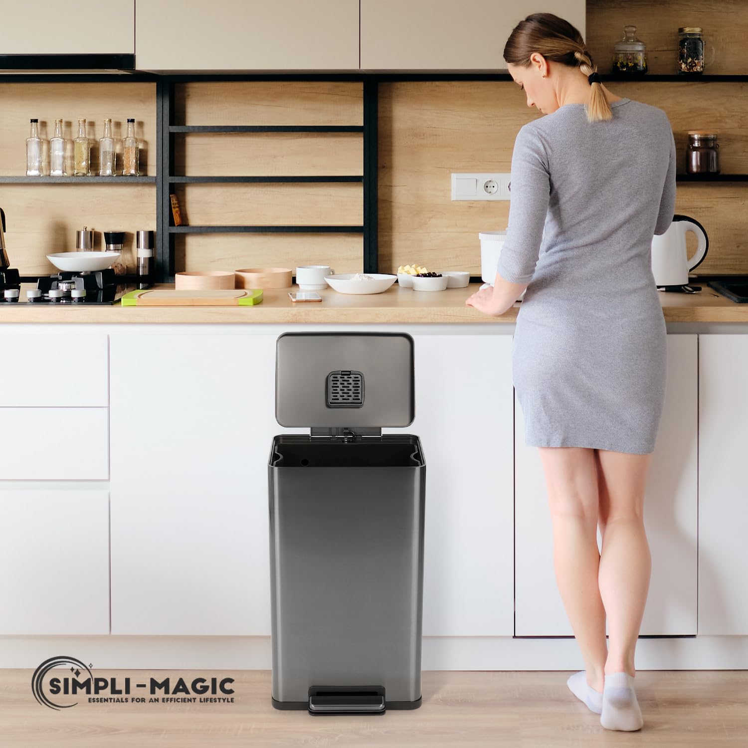 SIMPLI-MAGIC lifestyle kitchen scene portrays quiet soft-close use and neat appearance