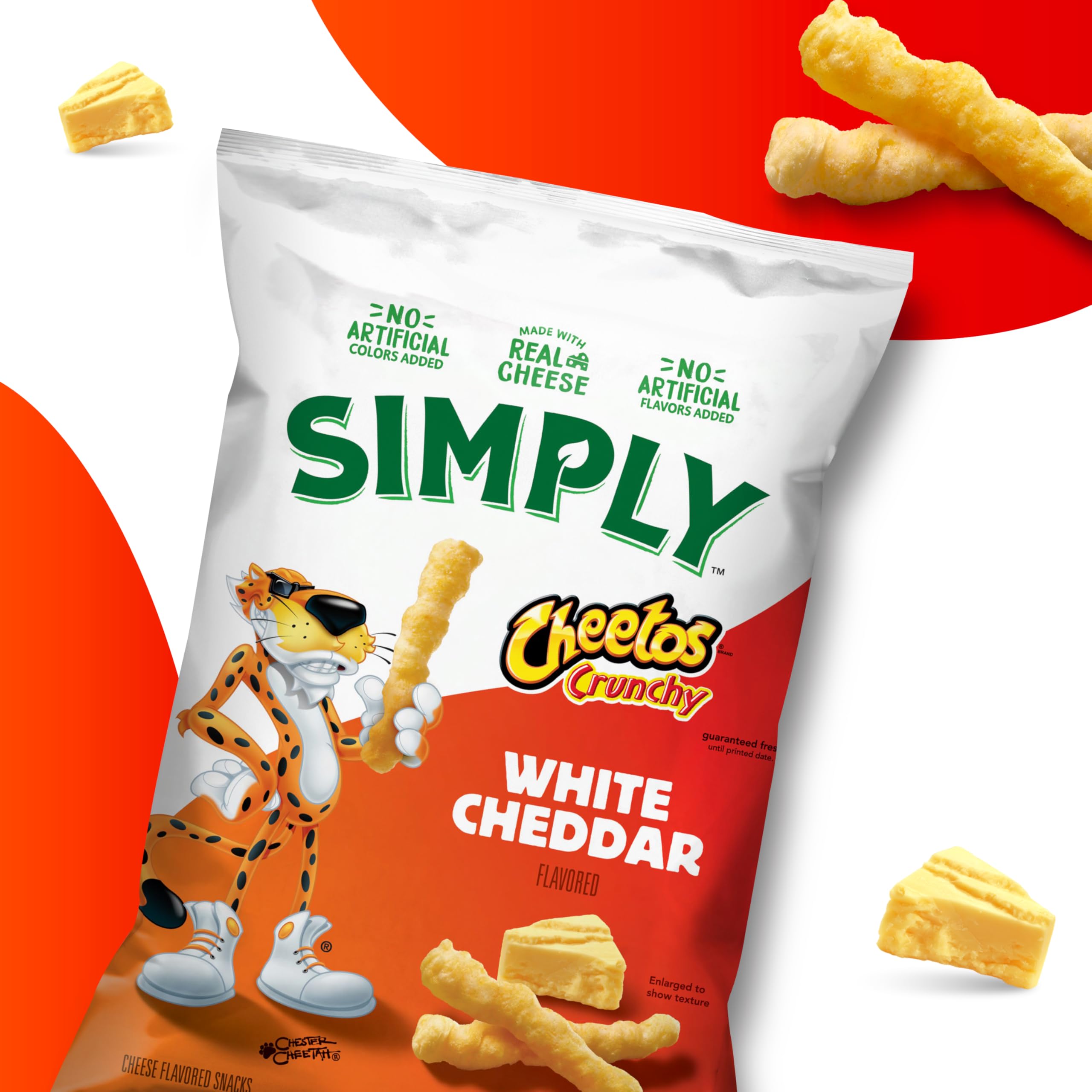 Simply Cheetos etiqueta de ingredientes resaltando ausencia de colorantes