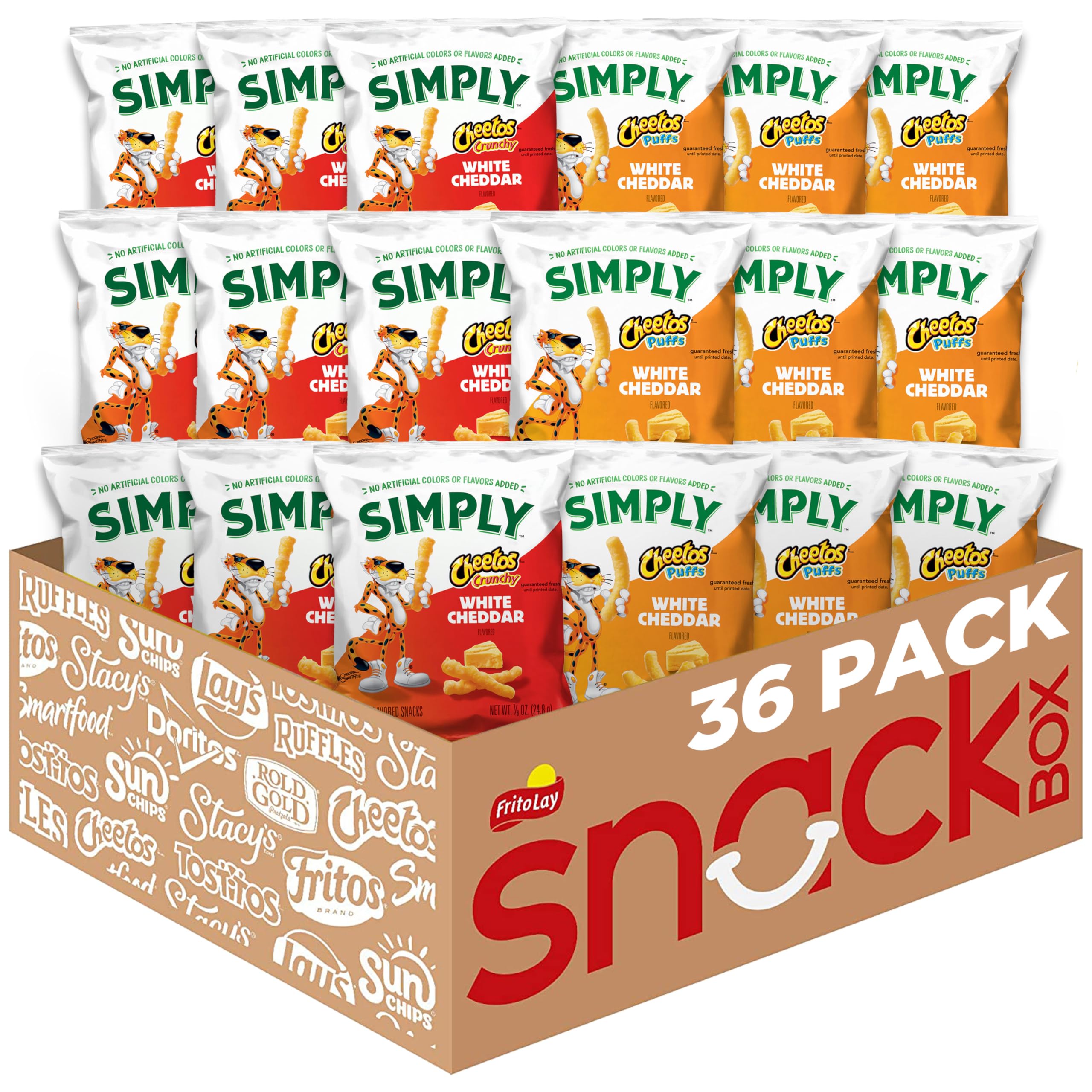Simply Cheetos vista frontal del paquete mostrando variedad y porciones