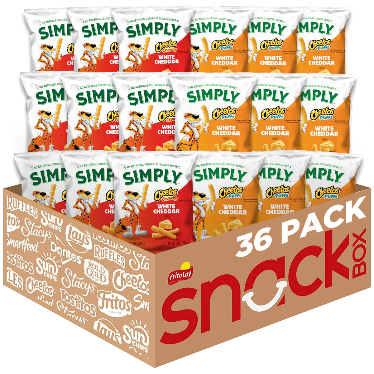 Simply Cheetos vista frontal del paquete mostrando variedad y porciones