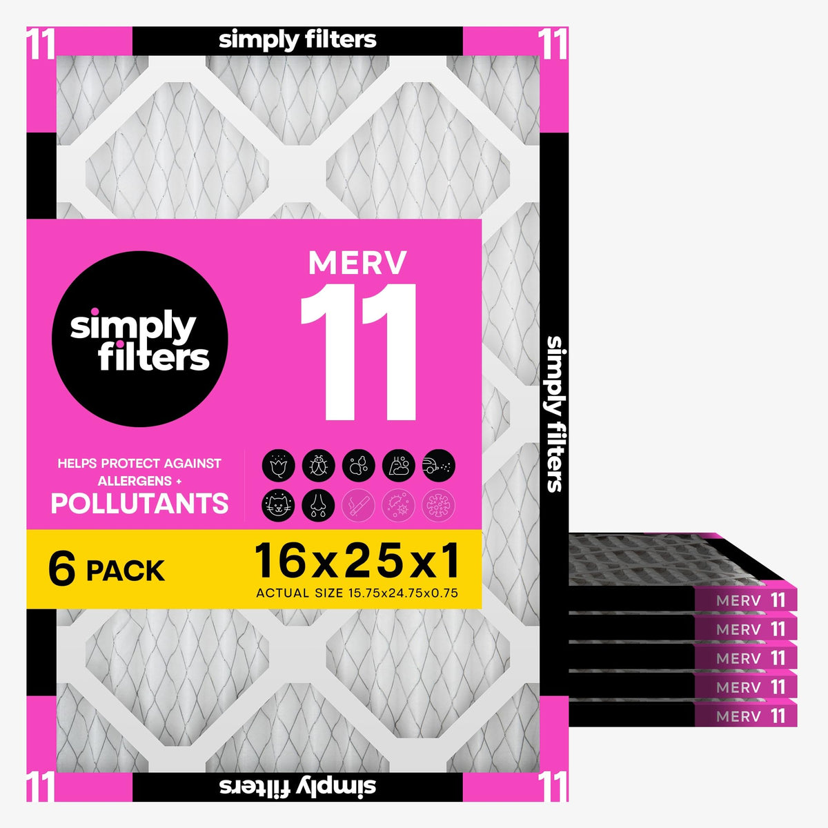 Simply filtro frontal en su empaque mostrando tamaño y beneficio de filtración