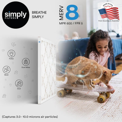 Simply filter in living room setting indicating cleaner indoor air and pet dander reduction