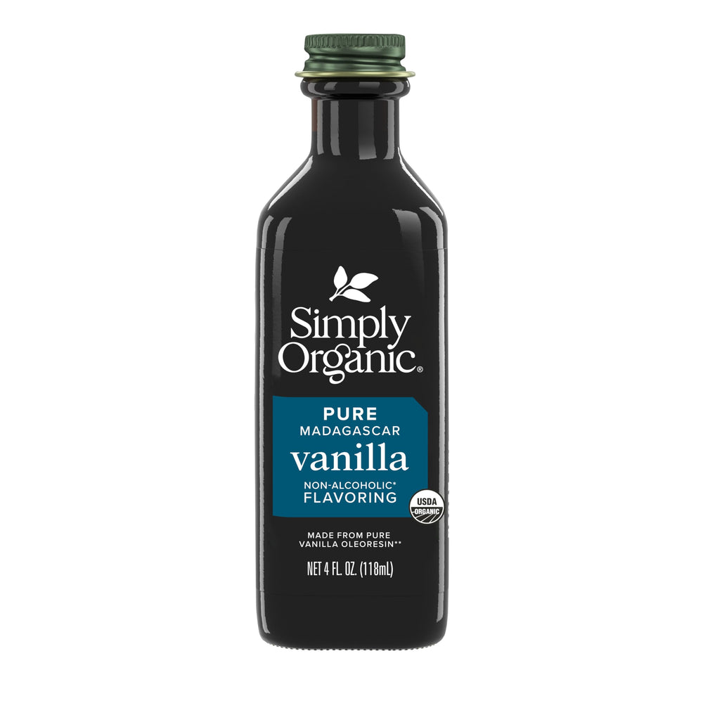 Simply Organic frasco frontal mostrando el envase de vidrio ámbar y etiqueta clara