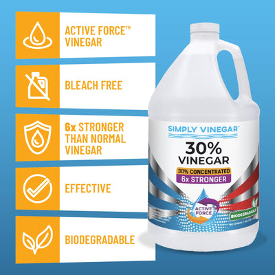Simply Vinegar envase junto a objetos para escala, tamaño 128 oz visible