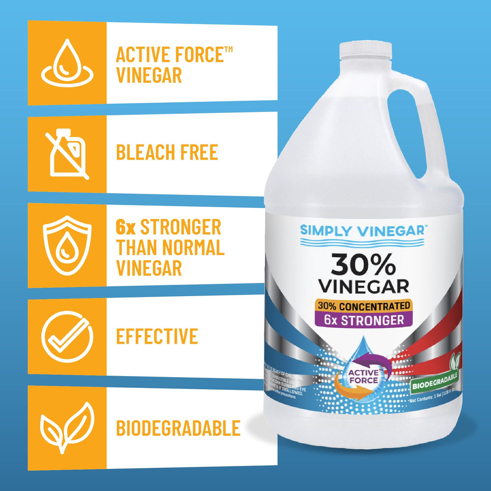 Simply Vinegar envase junto a objetos para escala, tamaño 128 oz visible