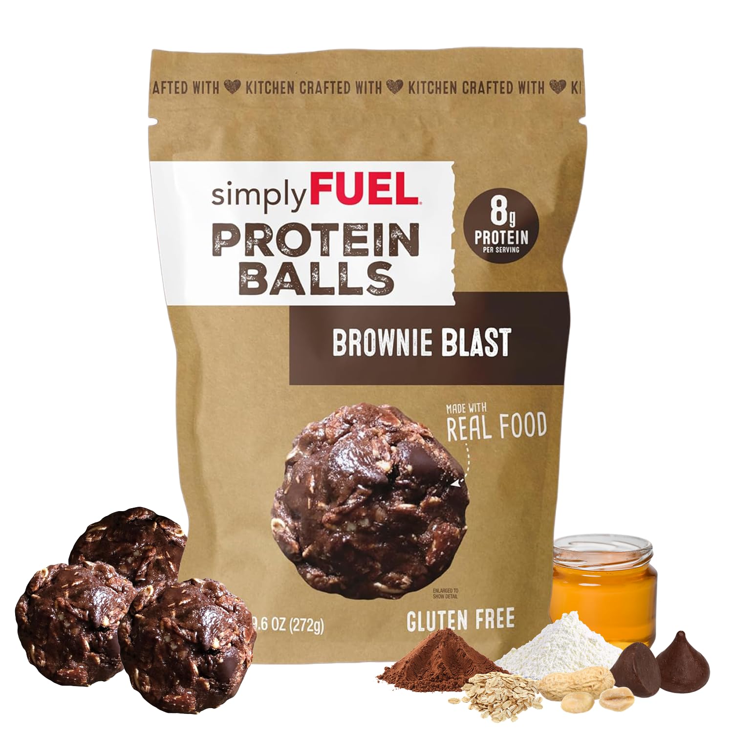 simplyFUEL empaque frontal Brownie Blast mostrando tamaño y resealable