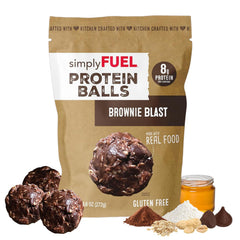 simplyFUEL empaque frontal Brownie Blast mostrando tamaño y resealable