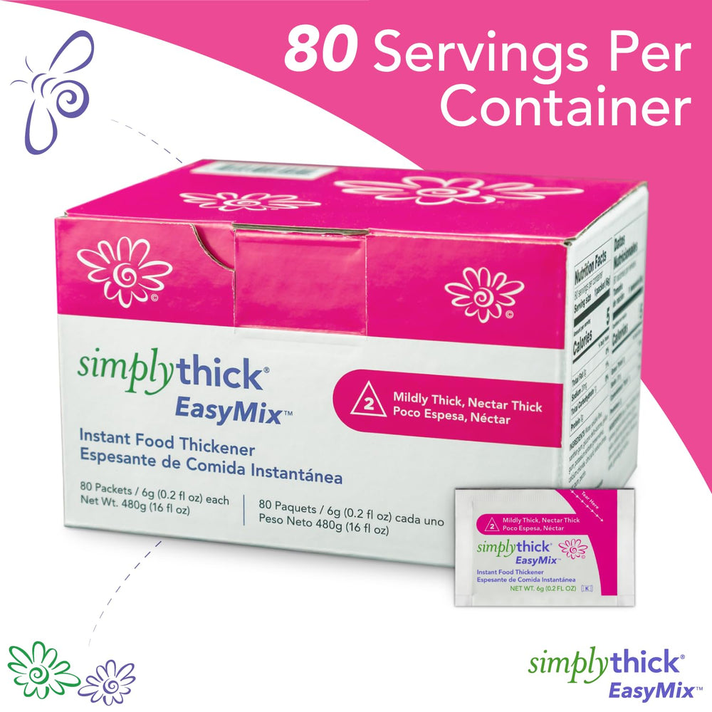Simply Thick comparación de tamaño con una mano para escala y porción