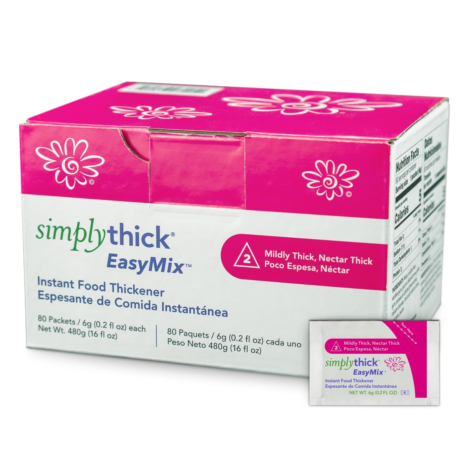 Simply Thick frente del empaque mostrando 80 sobres y facilidad de uso