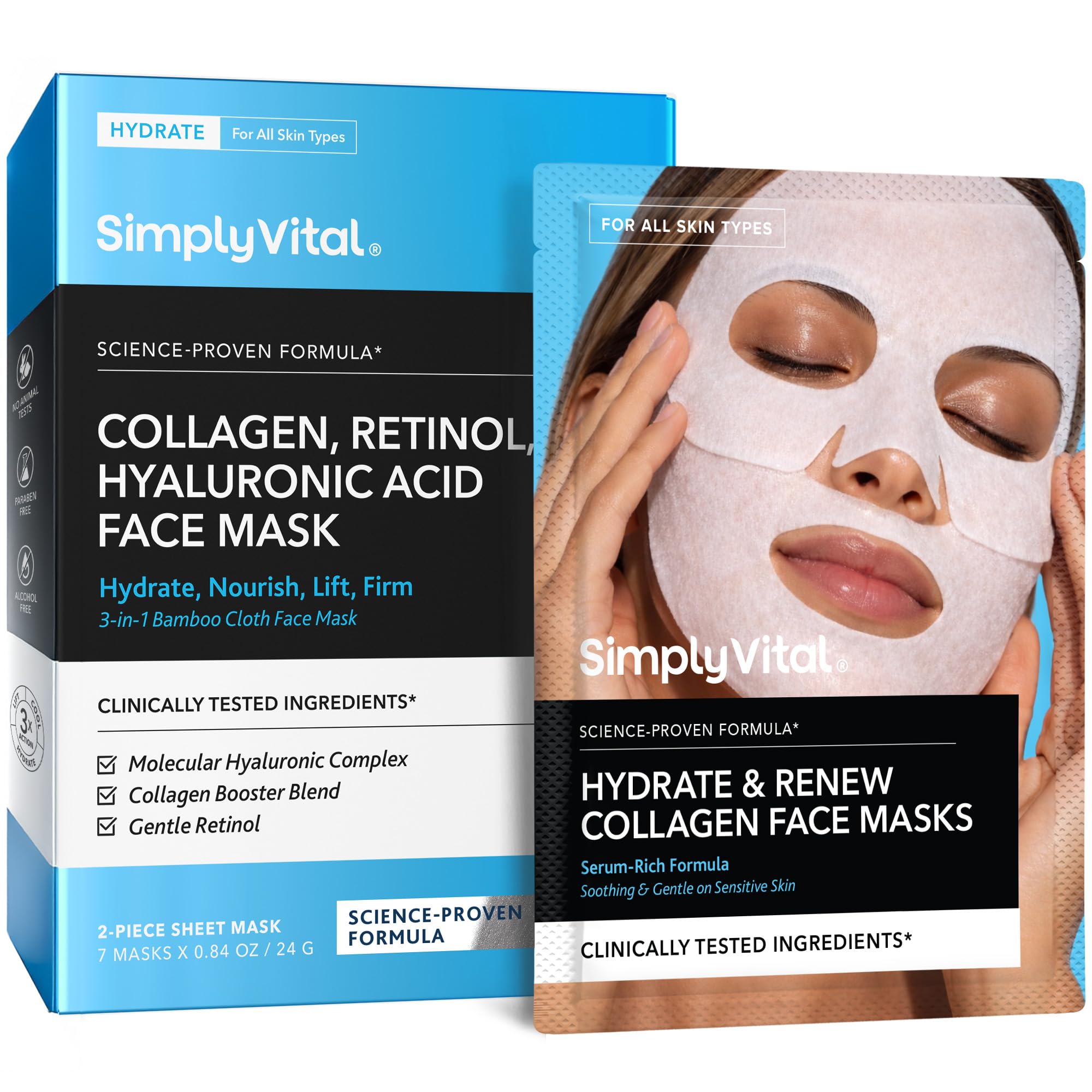 SimplyVital mascarilla frontal del paquete mostrando diseño y cantidad