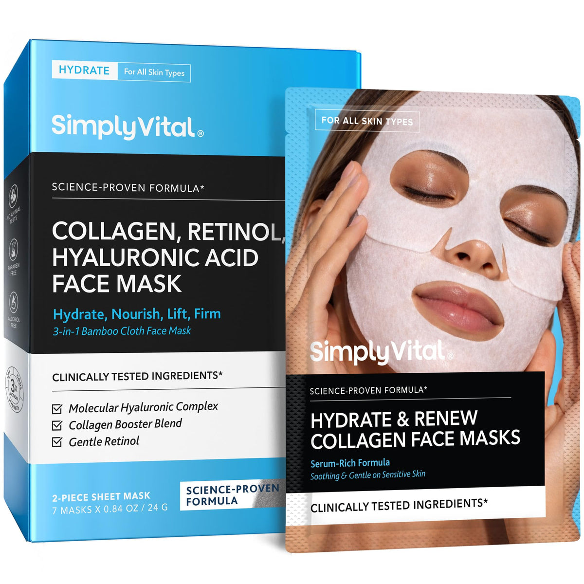 SimplyVital mascarilla frontal del paquete mostrando diseño y cantidad