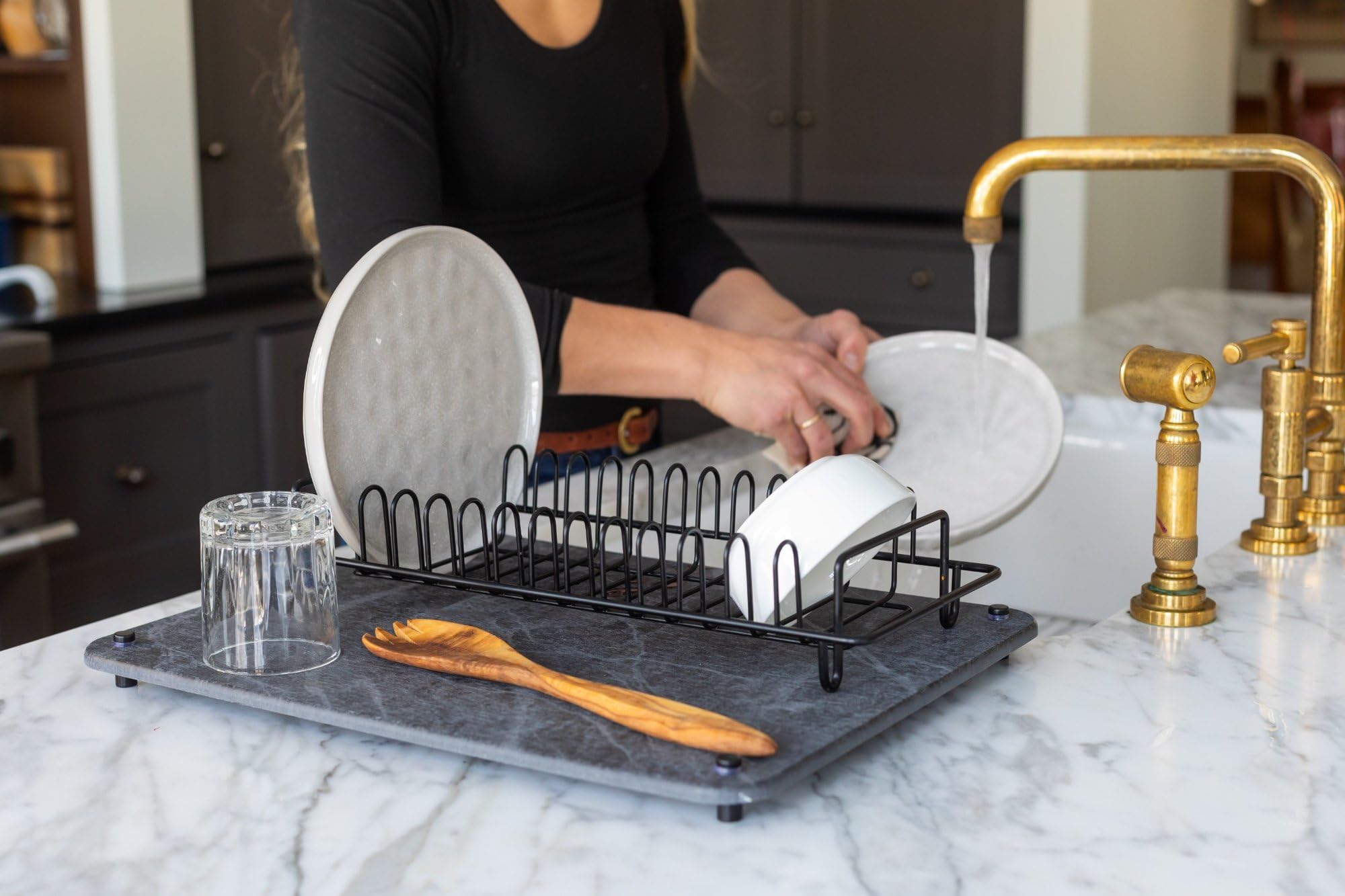 Siren Stone next to dinner plate illustrating compact, space-saving size
