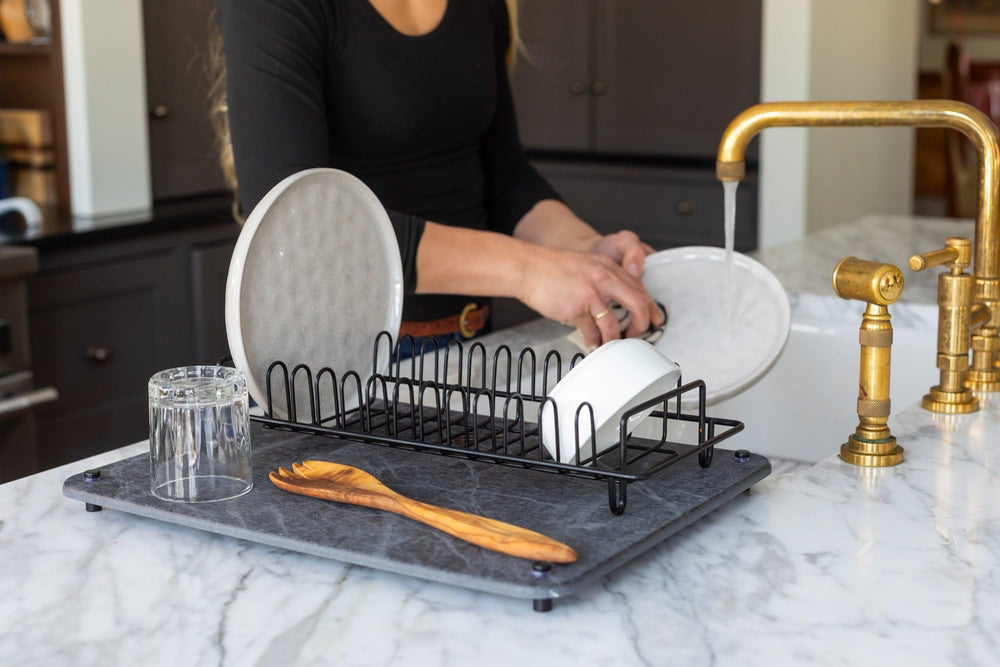 Siren Stone next to dinner plate illustrating compact, space-saving size
