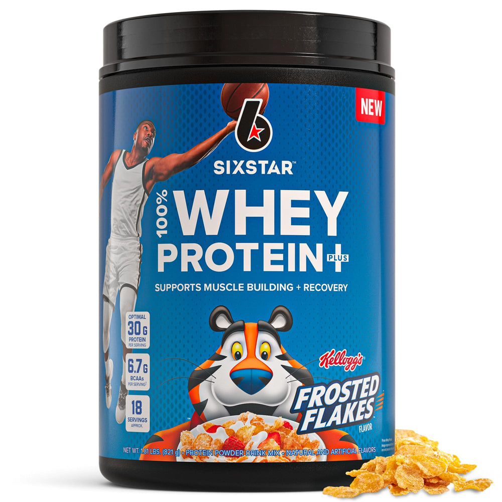 Six Star envase frontal Frosted Flakes mostrando marca y beneficio proteína