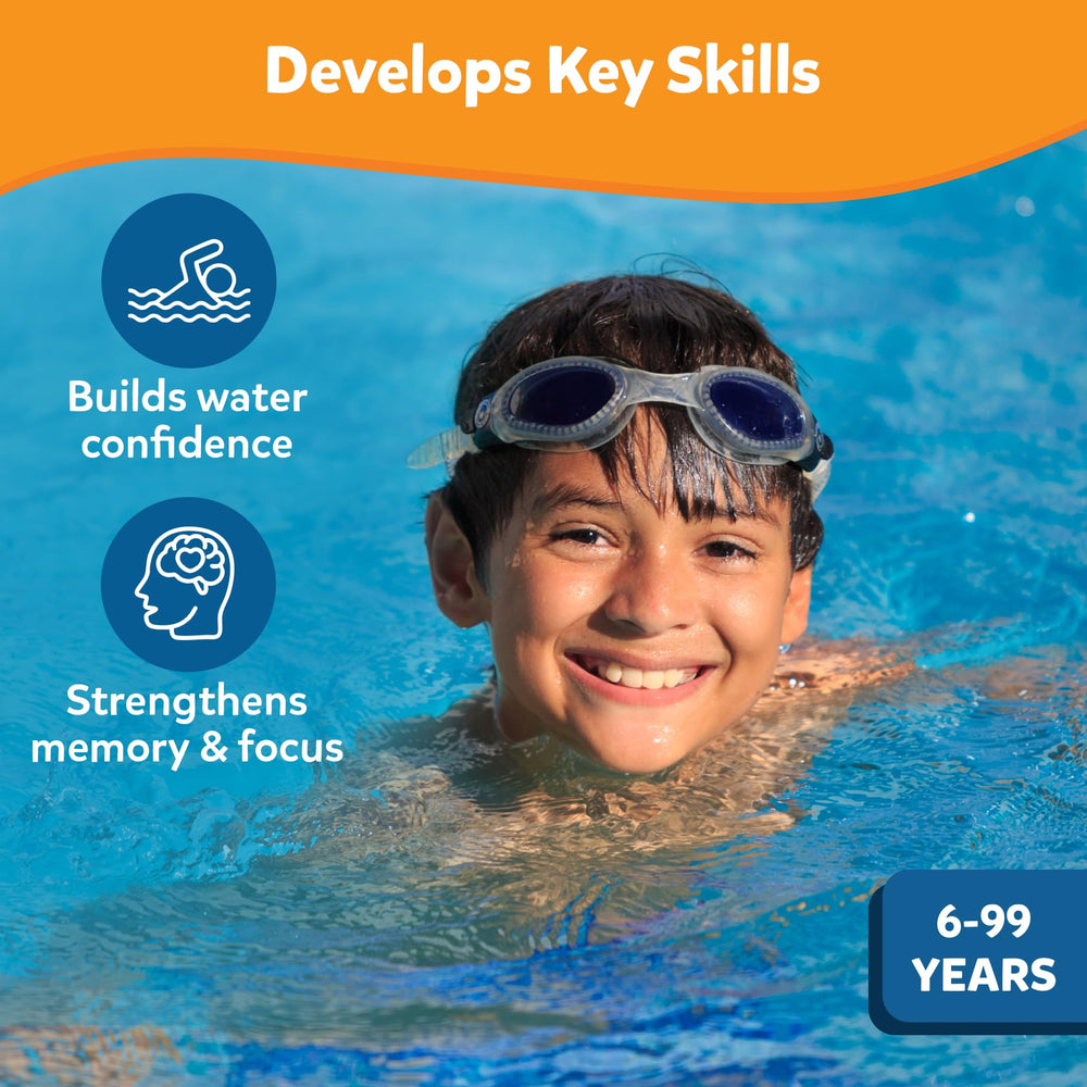 Skillmatics niño buceando en piscina practicando la búsqueda de gemas