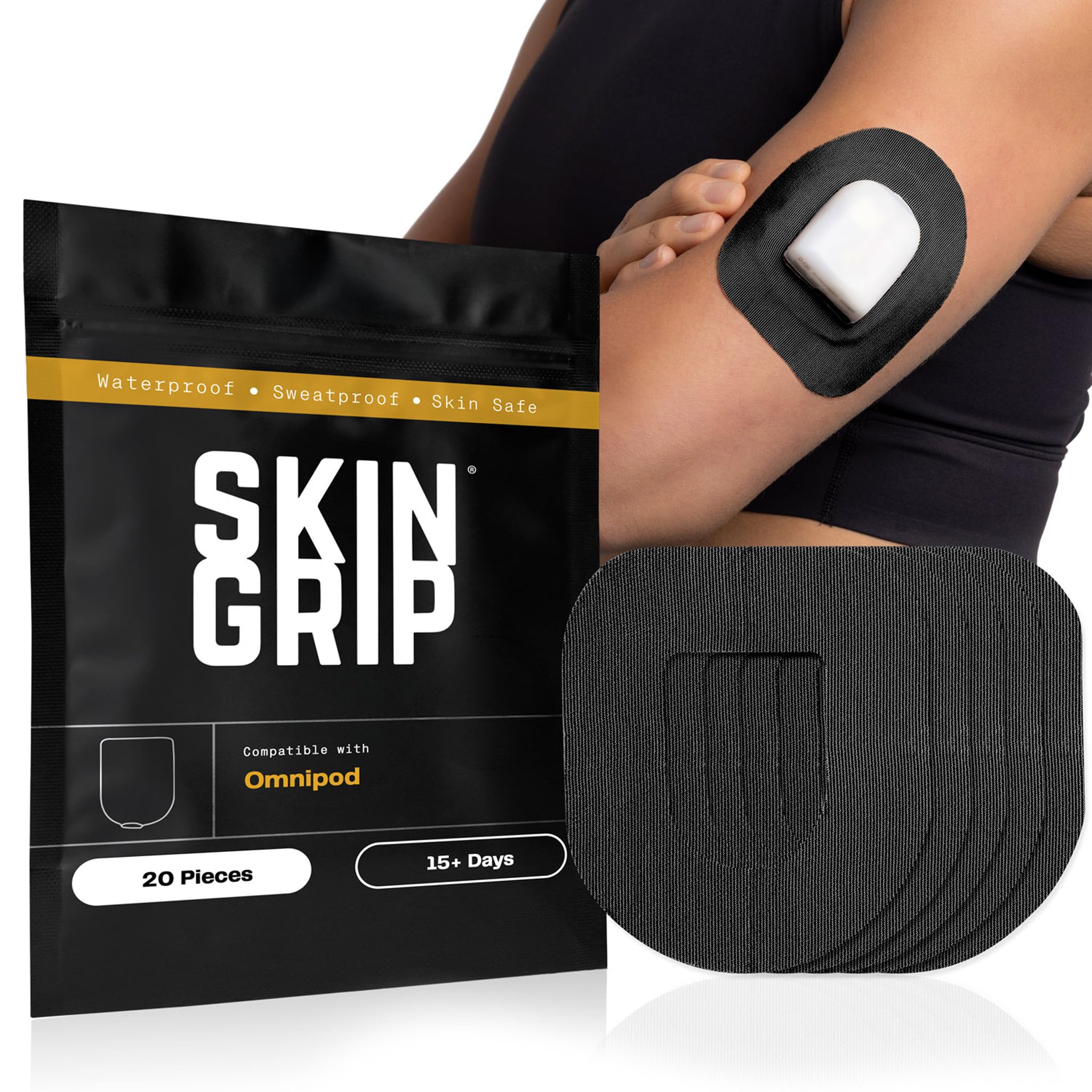 Skin Grip vista frontal del empaque que muestra compatibilidad Omnipod y beneficio de fijación