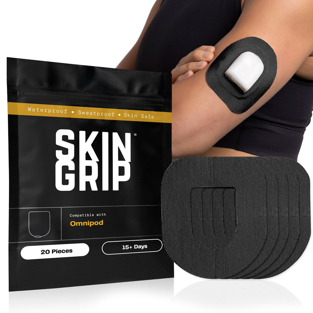 Skin Grip vista frontal del empaque que muestra compatibilidad Omnipod y beneficio de fijación
