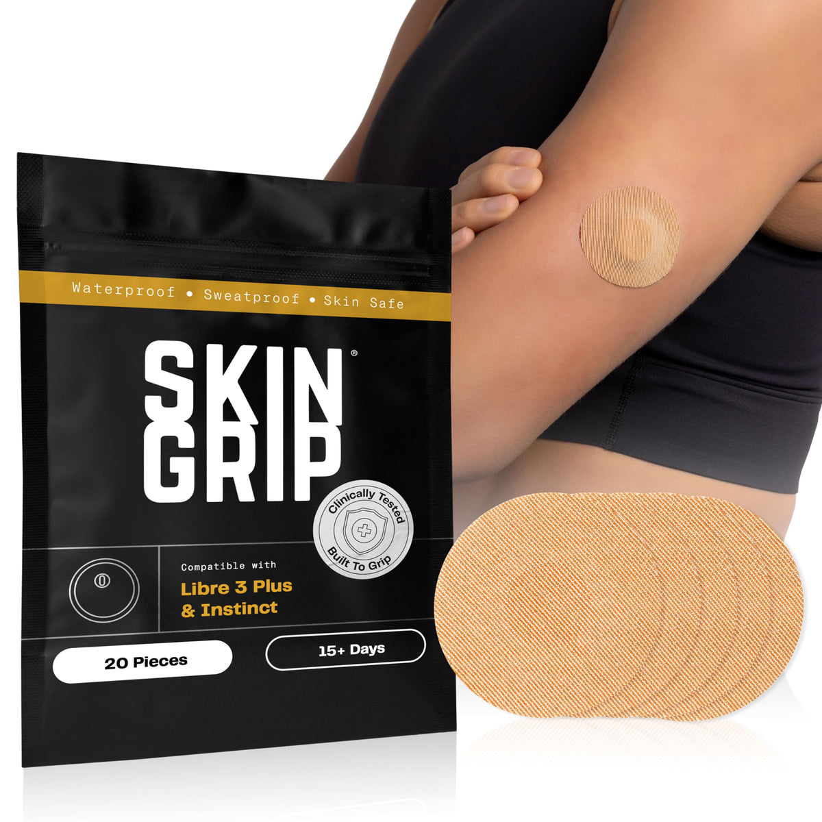 Skin Grip imagen frontal del empaque mostrando pack 20 y fijación segura