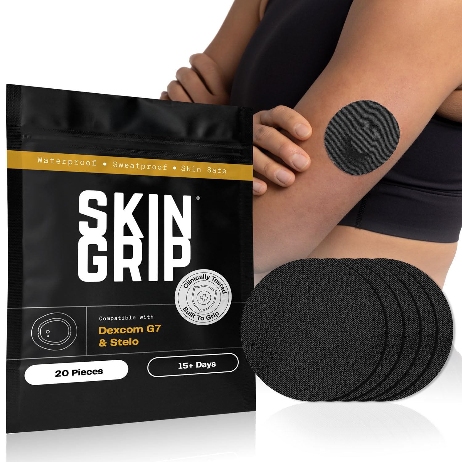 Skin Grip empaque frontal mostrando parches y compatibilidad Dexcom G7 para mayor seguridad
