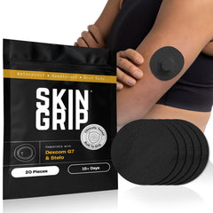 Skin Grip empaque frontal mostrando parches y compatibilidad Dexcom G7 para mayor seguridad