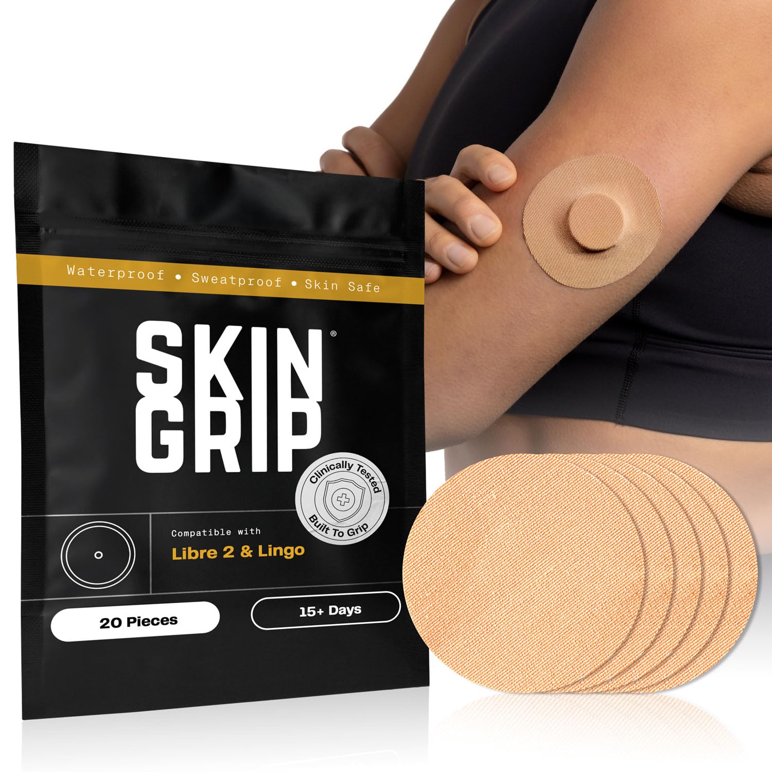 Skin Grip empaque frontal mostrando pack de 20 parches y compatibilidad Libre 1 y 2