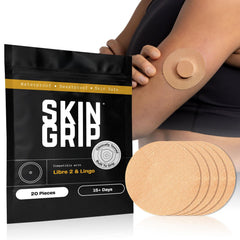 Skin Grip empaque frontal mostrando pack de 20 parches y compatibilidad Libre 1 y 2