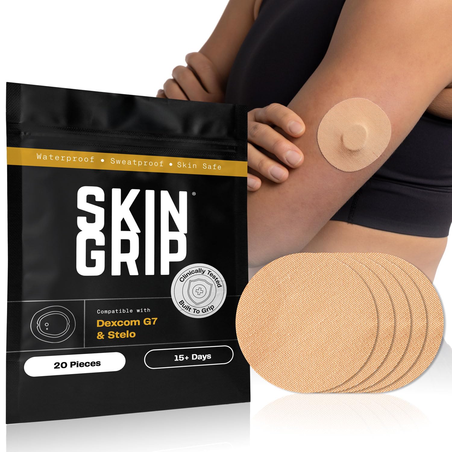 Skin Grip frontal del embalaje mostrando parches seguros y duración