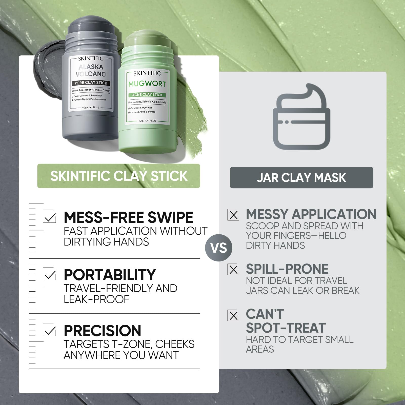 SKINTIFIC etiqueta con ingredientes clave: arcilla, artemisa, centella