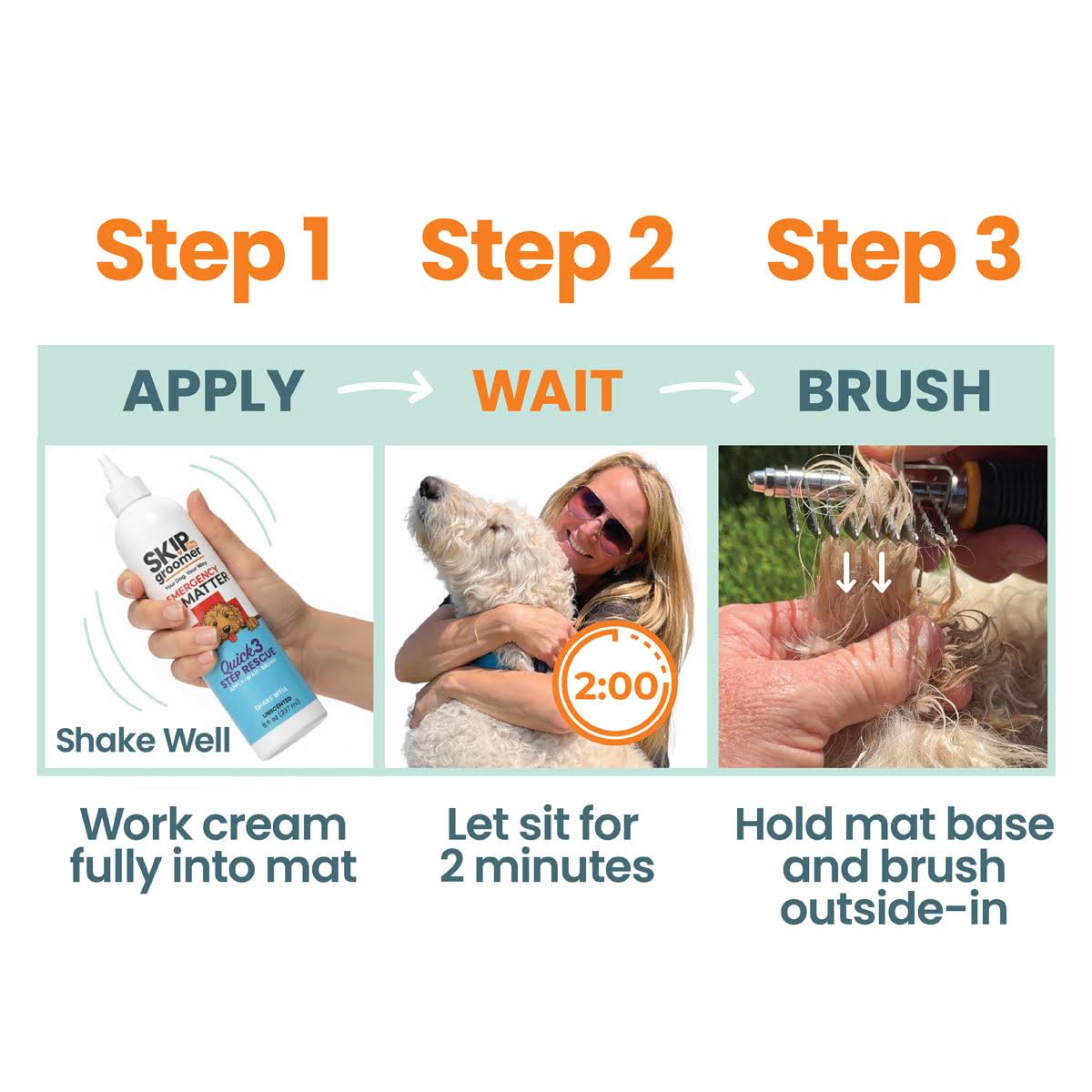 Skip the Groomer envase 8 oz junto a regla para comparación de tamaño