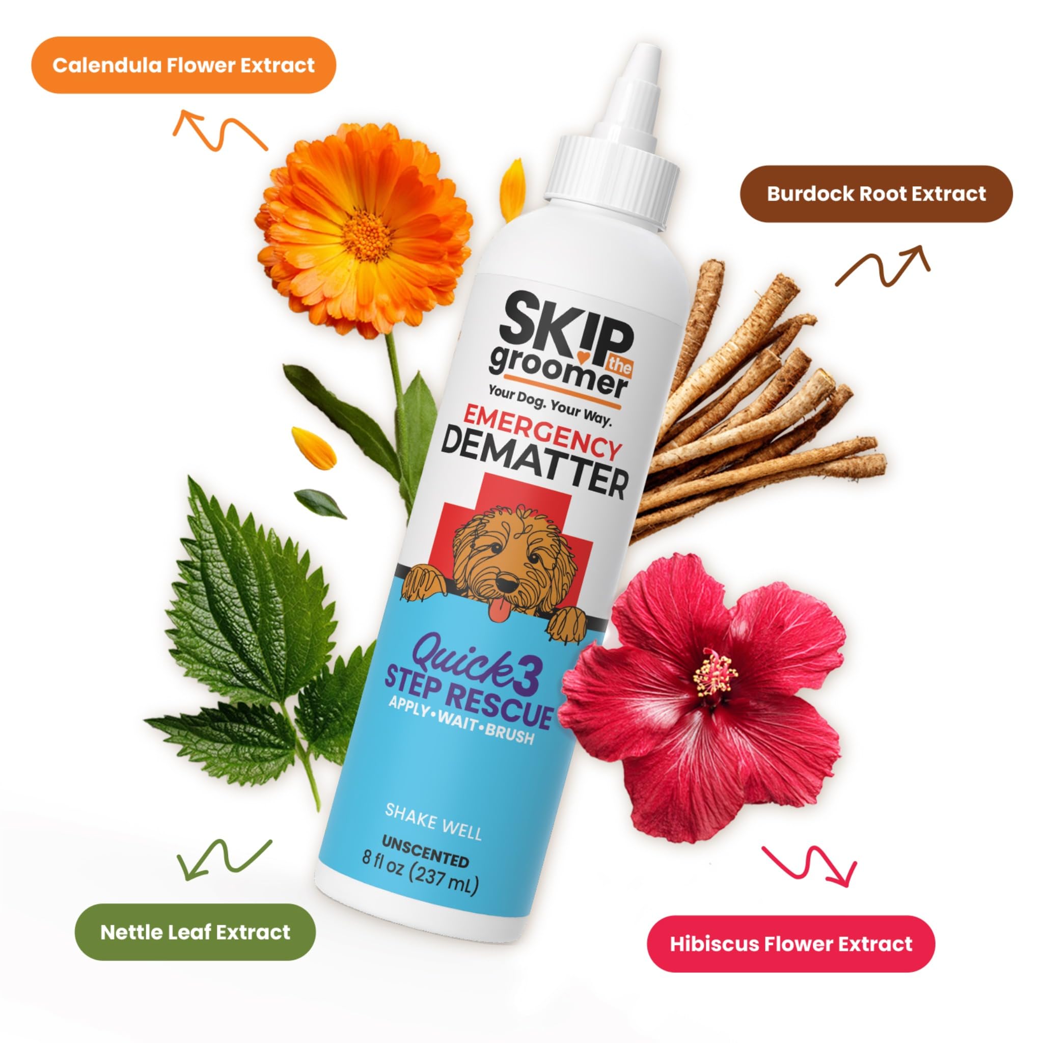Skip the Groomer etiqueta con instrucciones claras y beneficios