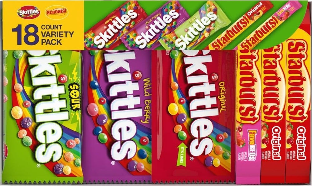 SKITTLES y STARBURST frente del empaque mostrando variedad y conveniencia