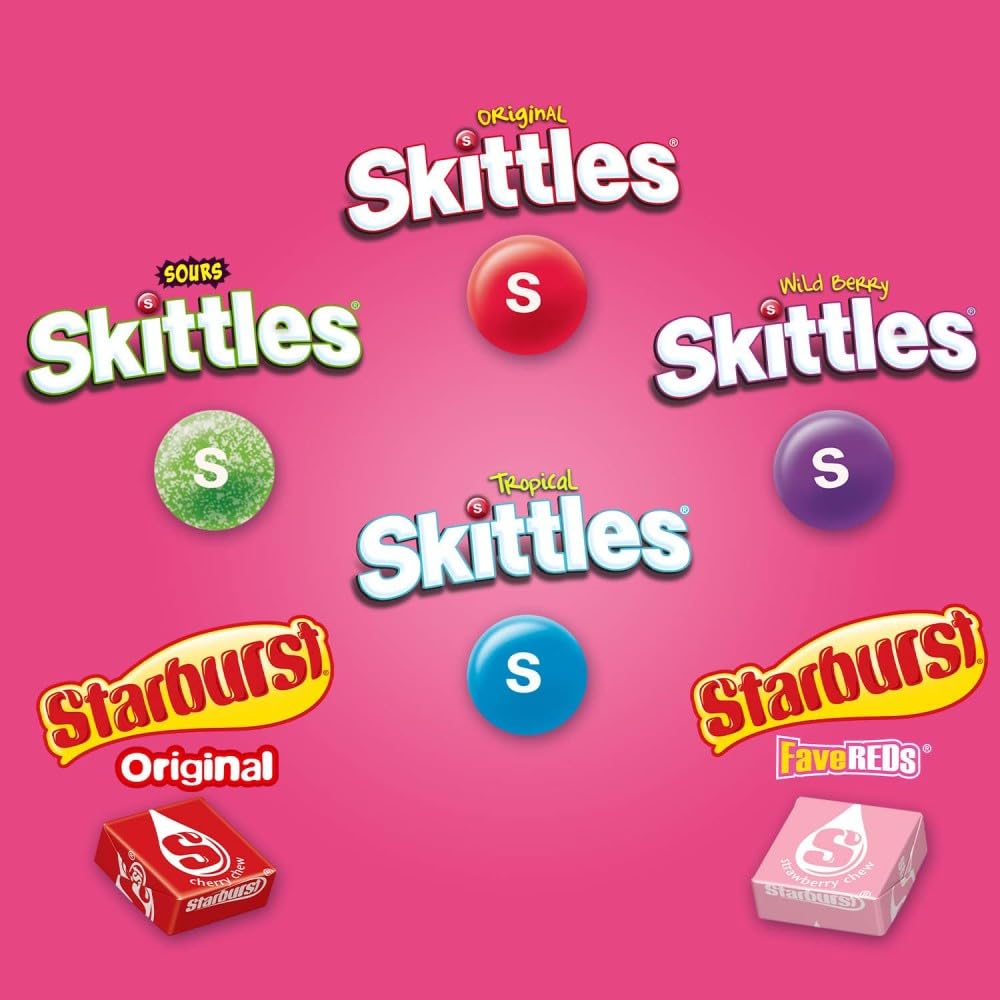 Opened box with individually wrapped SKITTLES and STARBURST packs, easy to distribute