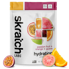Skratch Labs envase frontal mostrando sabor tropical y beneficio hidratante