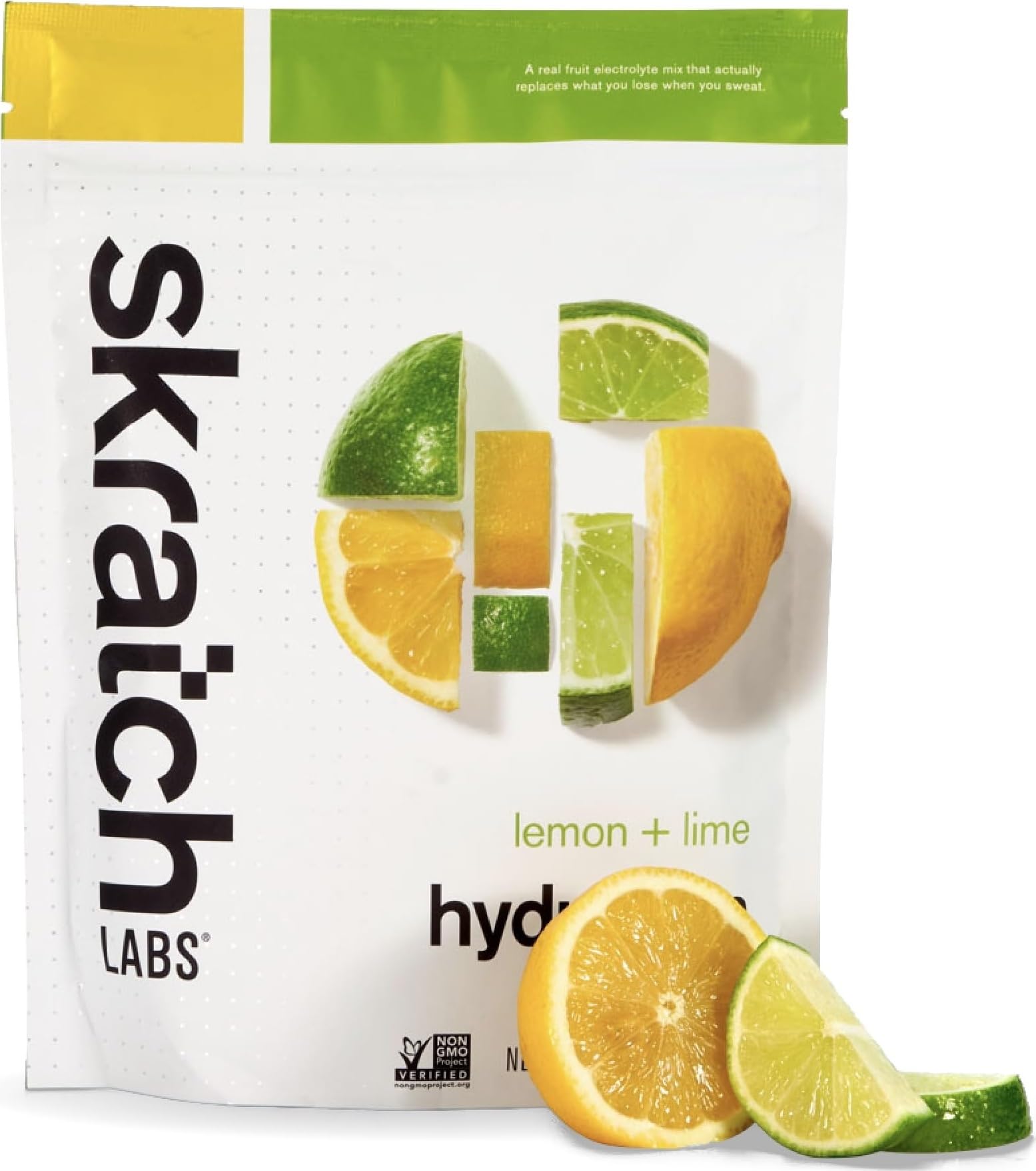 Skratch Labs front packaging showing Lemon Lime flavor and benefits
