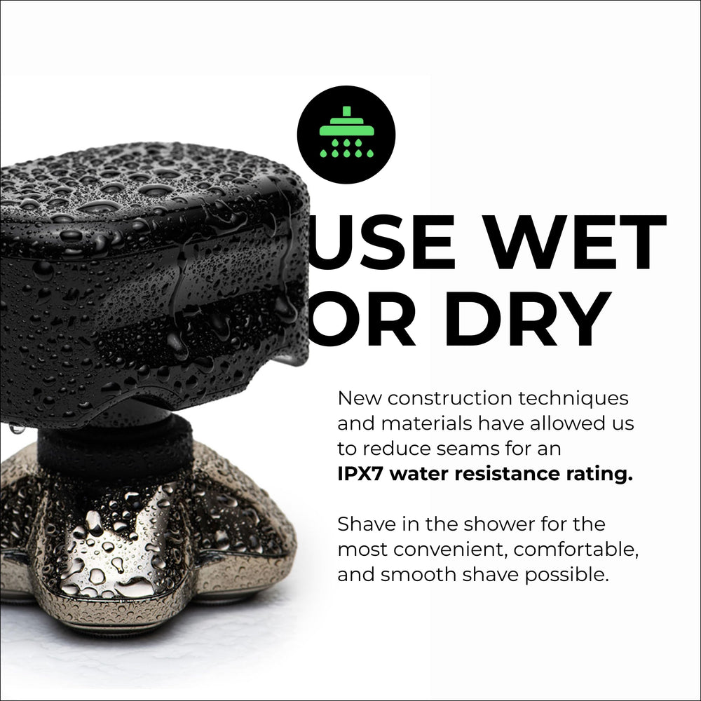 Skull Shaver in shower scene demonstrating wet use for gentler, hydrating shaves