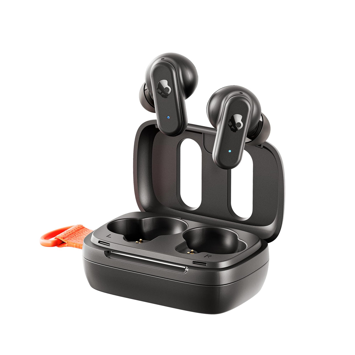 Skullcandy Dime 3 frontal con estuche True Black mostrando portabilidad