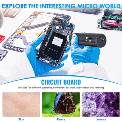 SKYBASIC lifestyle outdoors image showing microscope inspecting leaves for learning fun