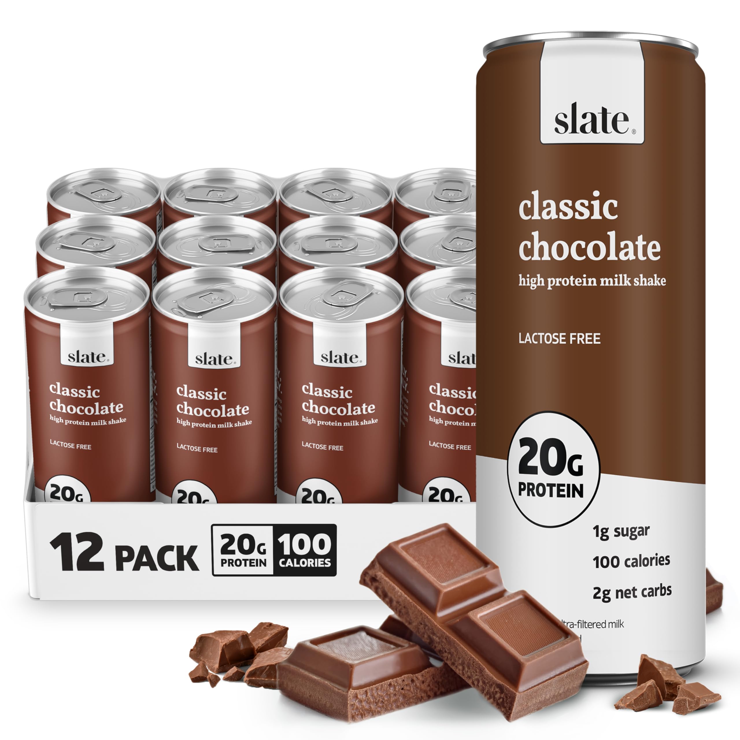 Slate lata frontal del batido chocolate clásico mostrando diseño y conveniencia
