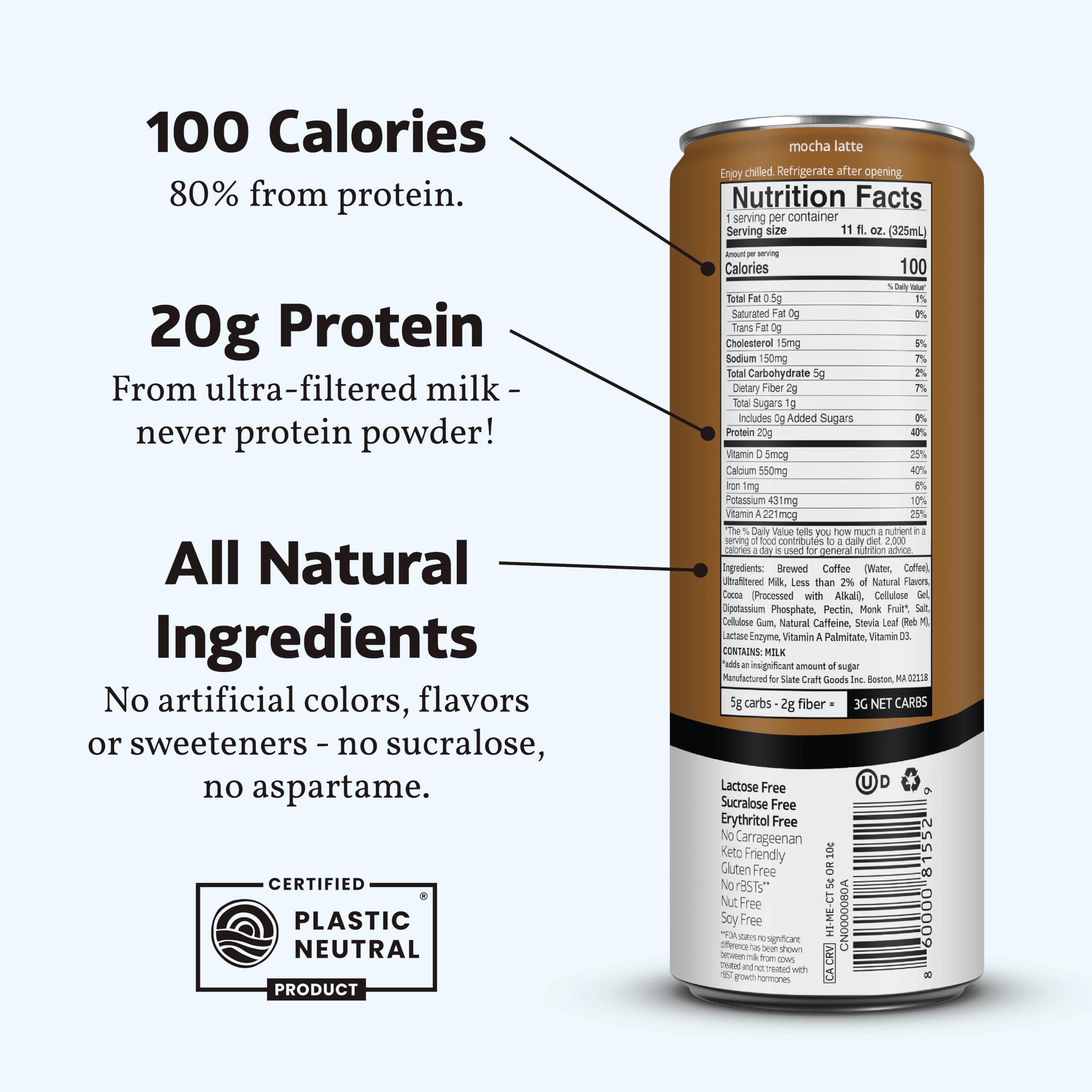 Slate etiqueta con información de proteína, cafeína y sin azúcares