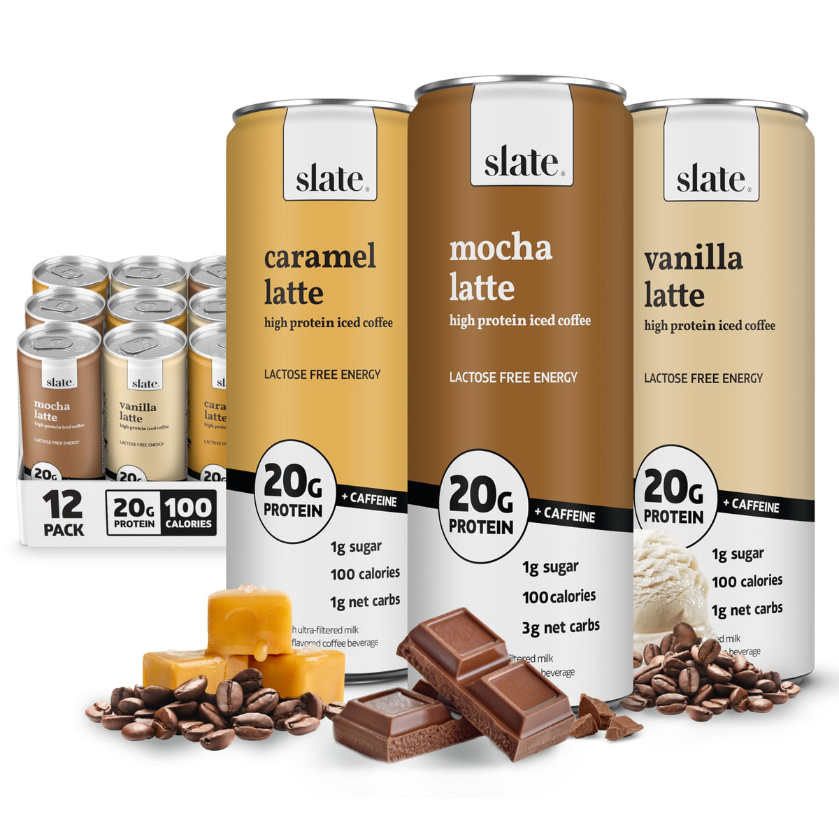 Slate pack frontal de 12 latas mostrando los tres sabores y conveniencia