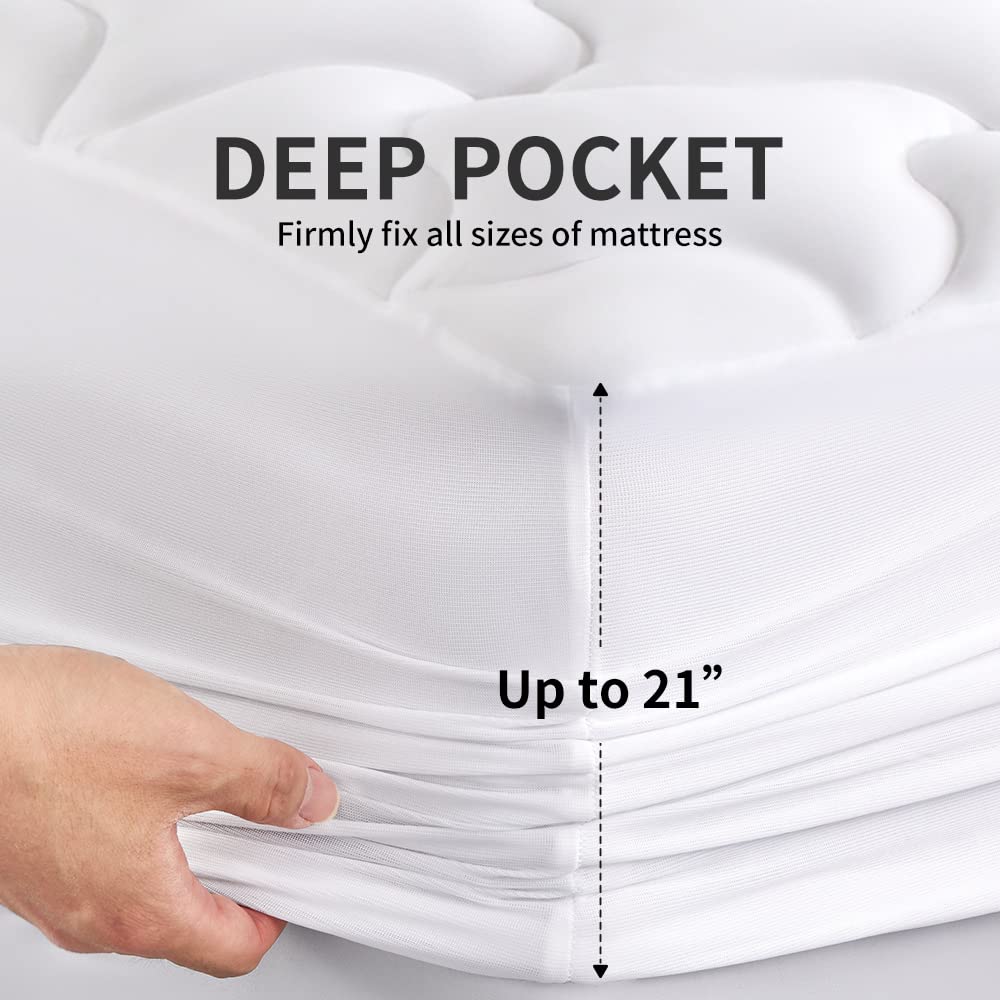 SLEEP ZONE topper beside a twin mattress for scale showing deep 8–21 inch fit