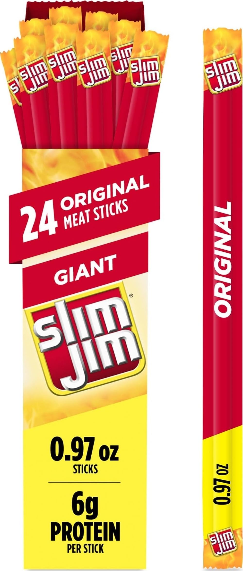 Slim Jim empaque frontal mostrando caja de 24 unidades y facilidad de almacenamiento
