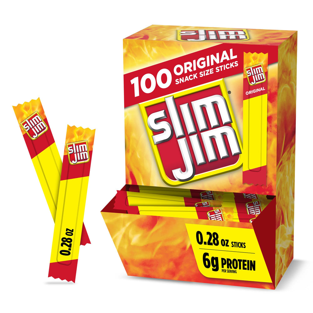 Slim Jim caja frontal mostrando 100 palitos y conveniencia para despensa