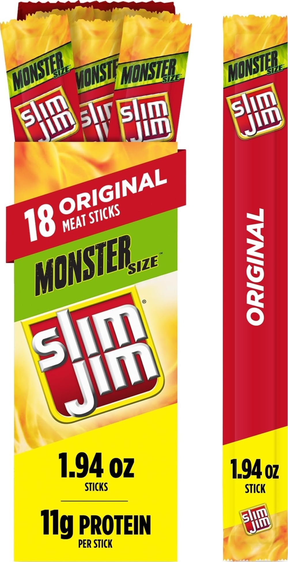 Slim Jim frente del paquete mostrando caja de 18 unidades y conveniencia