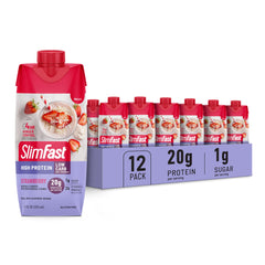 SlimFast botella frontal sabor fresa mostrando diseño y facilidad de uso