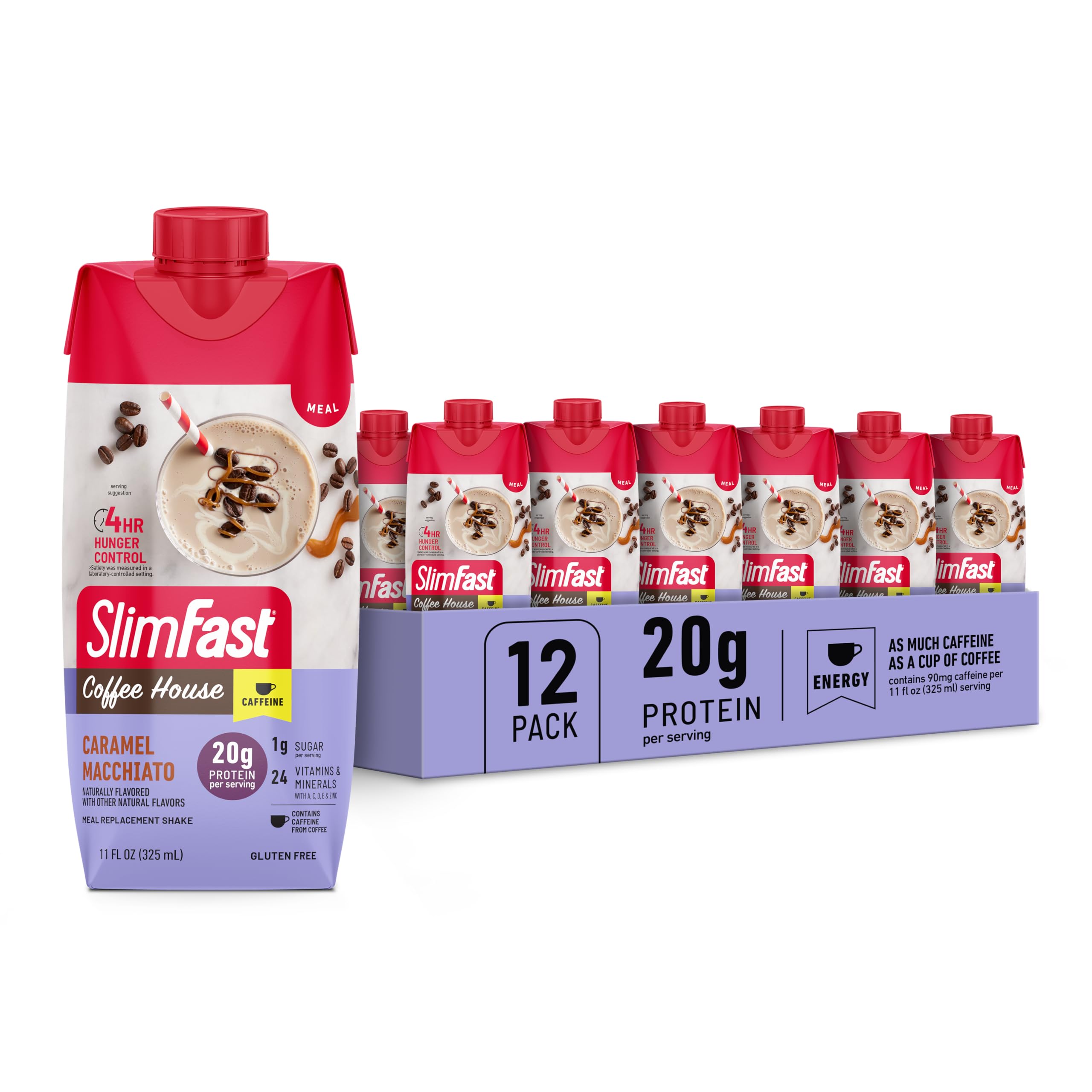 SlimFast vista frontal de botella Caramel Macchiato, práctico y sabroso