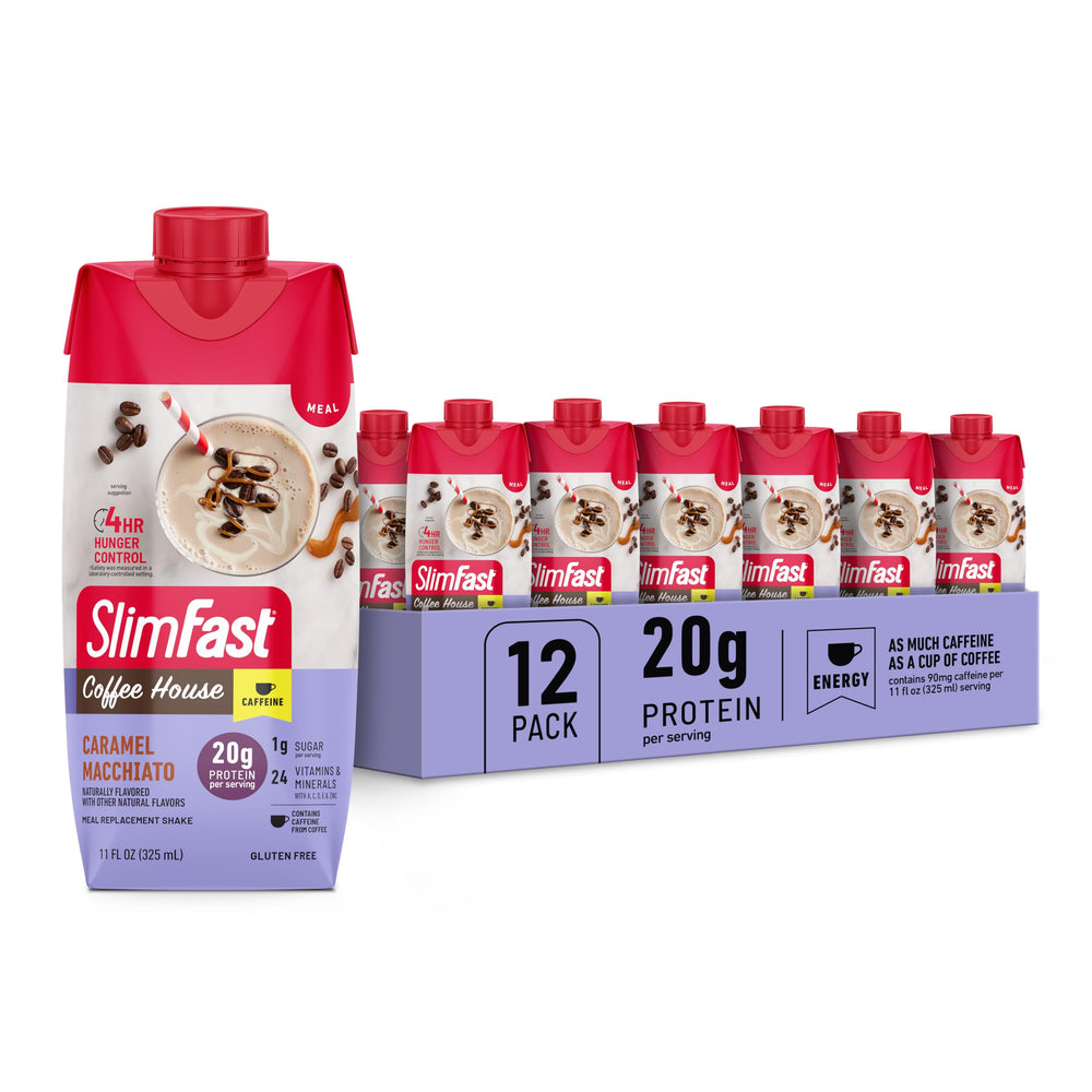 SlimFast vista frontal de botella Caramel Macchiato, práctico y sabroso